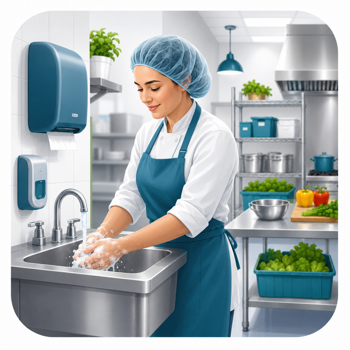 Picture of a food handler washing her hands.